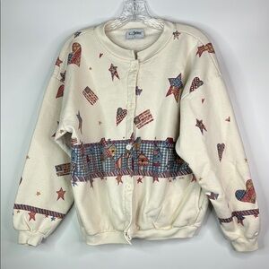 Vintage Artisans Patriotic Flag Hearts Button Up Sweatshirt Size Large